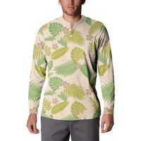 Beige Hawaii Plumeria Lei With Tropical Leaves Button Sweatshirt