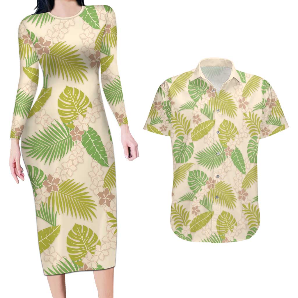 Beige Hawaii Plumeria Lei With Tropical Leaves Couples Matching Long Sleeve Bodycon Dress and Hawaiian Shirt