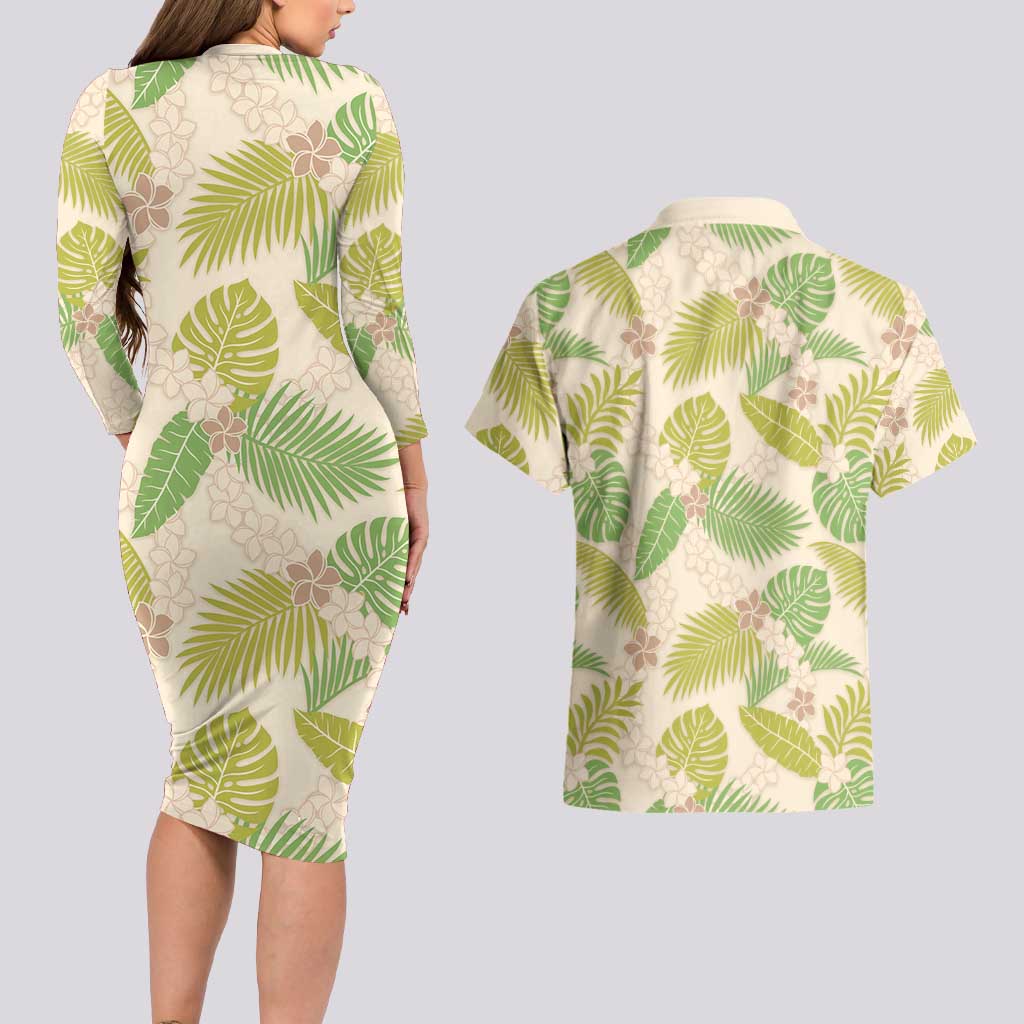 Beige Hawaii Plumeria Lei With Tropical Leaves Couples Matching Long Sleeve Bodycon Dress and Hawaiian Shirt