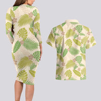 Beige Hawaii Plumeria Lei With Tropical Leaves Couples Matching Long Sleeve Bodycon Dress and Hawaiian Shirt