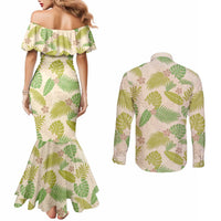 Beige Hawaii Plumeria Lei With Tropical Leaves Couples Matching Mermaid Dress and Long Sleeve Button Shirt