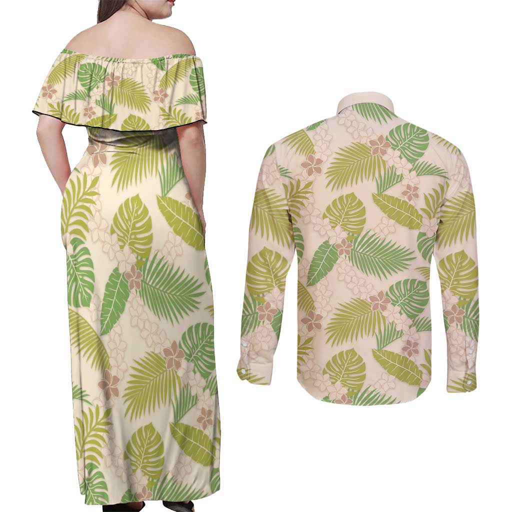 Beige Hawaii Plumeria Lei With Tropical Leaves Couples Matching Off Shoulder Maxi Dress and Long Sleeve Button Shirt