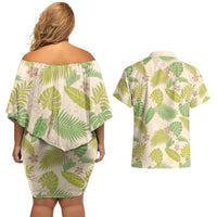 Beige Hawaii Plumeria Lei With Tropical Leaves Couples Matching Off Shoulder Short Dress and Hawaiian Shirt
