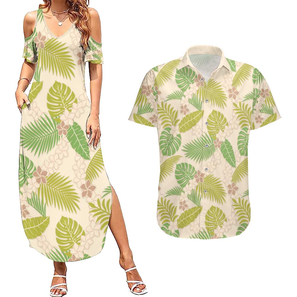 Beige Hawaii Plumeria Lei With Tropical Leaves Couples Matching Summer Maxi Dress and Hawaiian Shirt