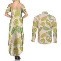 Beige Hawaii Plumeria Lei With Tropical Leaves Couples Matching Summer Maxi Dress and Long Sleeve Button Shirt