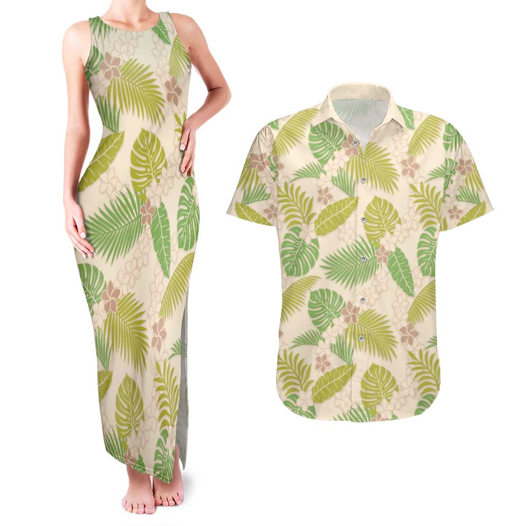 Beige Hawaii Plumeria Lei With Tropical Leaves Couples Matching Tank Maxi Dress and Hawaiian Shirt