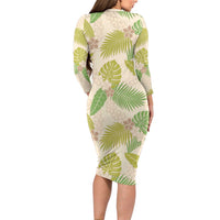 Beige Hawaii Plumeria Lei With Tropical Leaves Family Matching Long Sleeve Bodycon Dress and Hawaiian Shirt