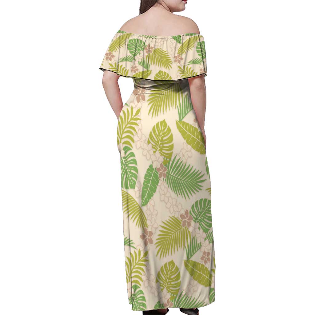 Beige Hawaii Plumeria Lei With Tropical Leaves Family Matching Off Shoulder Maxi Dress and Hawaiian Shirt