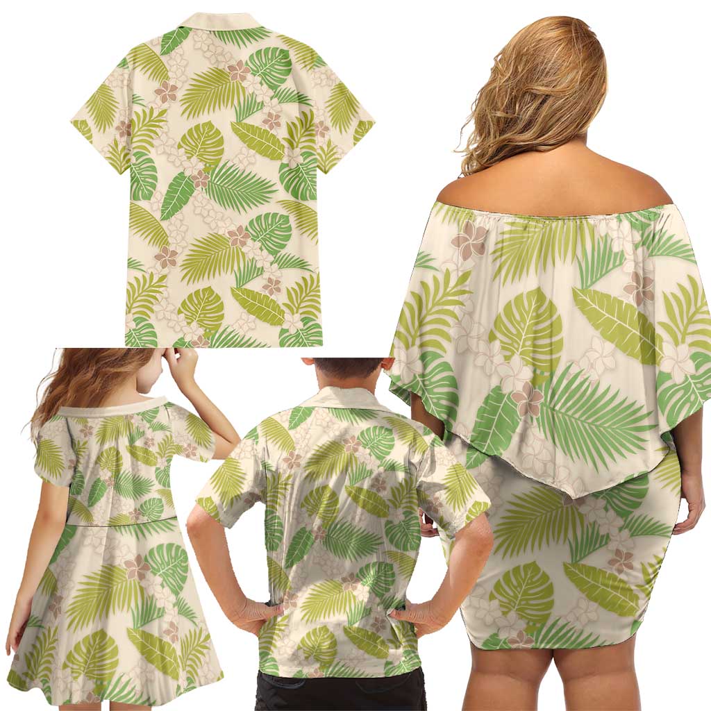 Beige Hawaii Plumeria Lei With Tropical Leaves Family Matching Off Shoulder Short Dress and Hawaiian Shirt