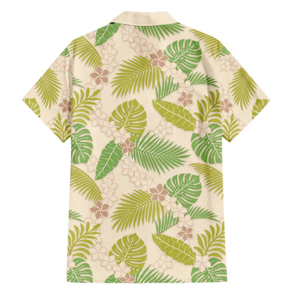 Beige Hawaii Plumeria Lei With Tropical Leaves Family Matching Short Sleeve Bodycon Dress and Hawaiian Shirt