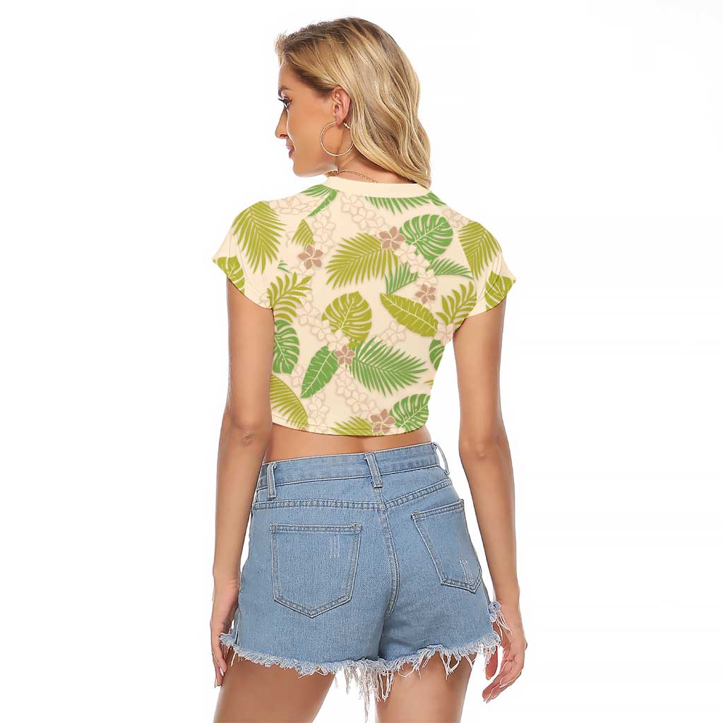 Beige Hawaii Plumeria Lei With Tropical Leaves Raglan Cropped T Shirt
