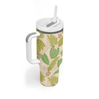 Beige Hawaii Plumeria Lei With Tropical Leaves Tumbler With Handle