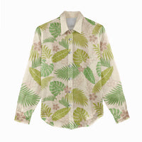 Beige Hawaii Plumeria Lei With Tropical Leaves Women Casual Shirt