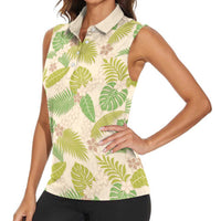 Beige Hawaii Plumeria Lei With Tropical Leaves Women Sleeveless Polo Shirt