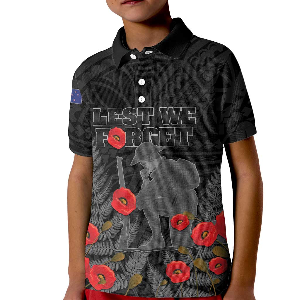 Personalised New Zealand ANZAC Day Kid Polo Shirt Lest We Forget Soldier Memorial LT15 Kid Black - Polynesian Pride