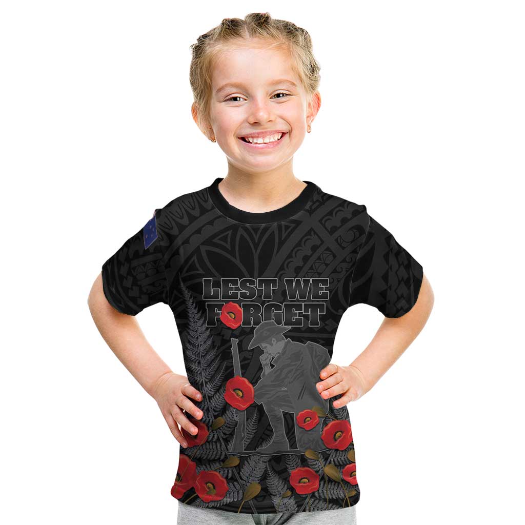 Personalised New Zealand ANZAC Day Kid T Shirt Lest We Forget Soldier Memorial LT15 Black - Polynesian Pride
