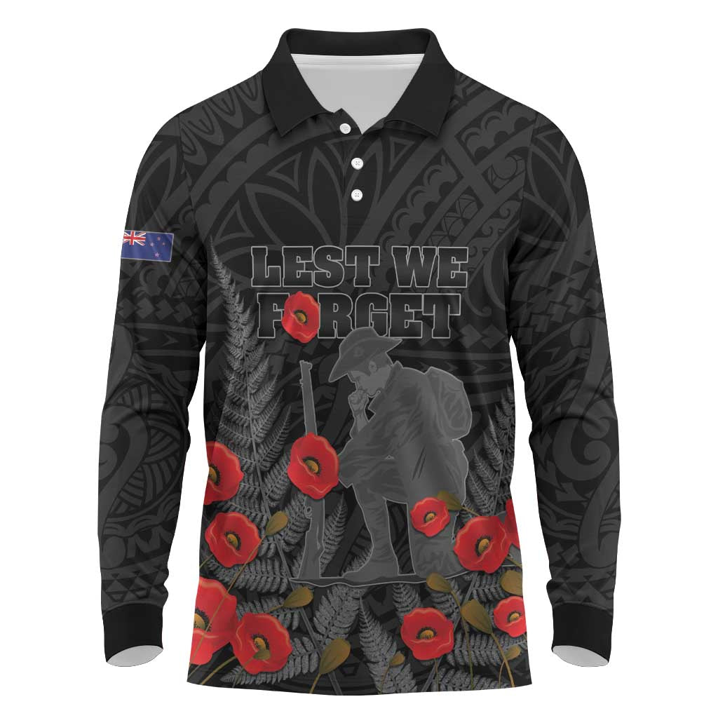 Personalised New Zealand ANZAC Day Long Sleeve Polo Shirt Lest We Forget Soldier Memorial LT15 Black - Polynesian Pride