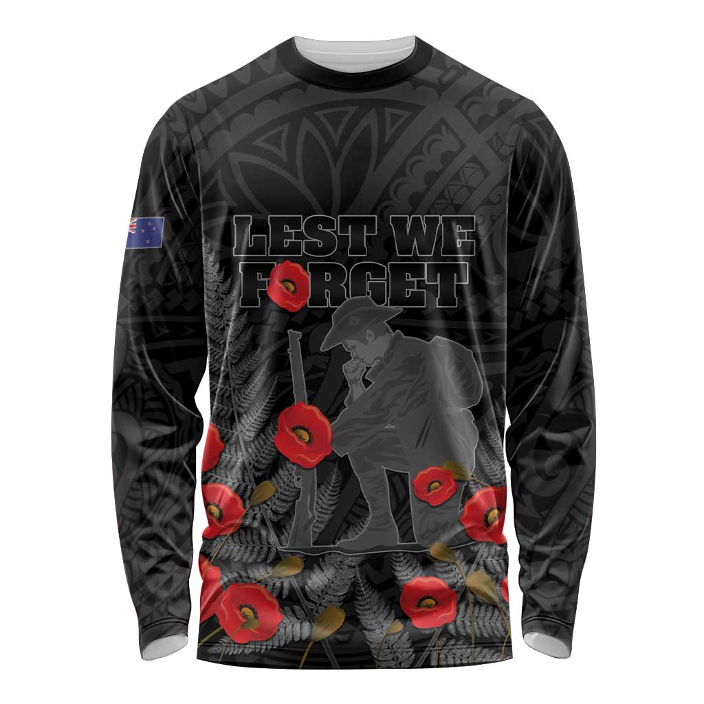 Personalised New Zealand ANZAC Day Long Sleeve Shirt Lest We Forget Soldier Memorial LT15 Unisex Black - Polynesian Pride