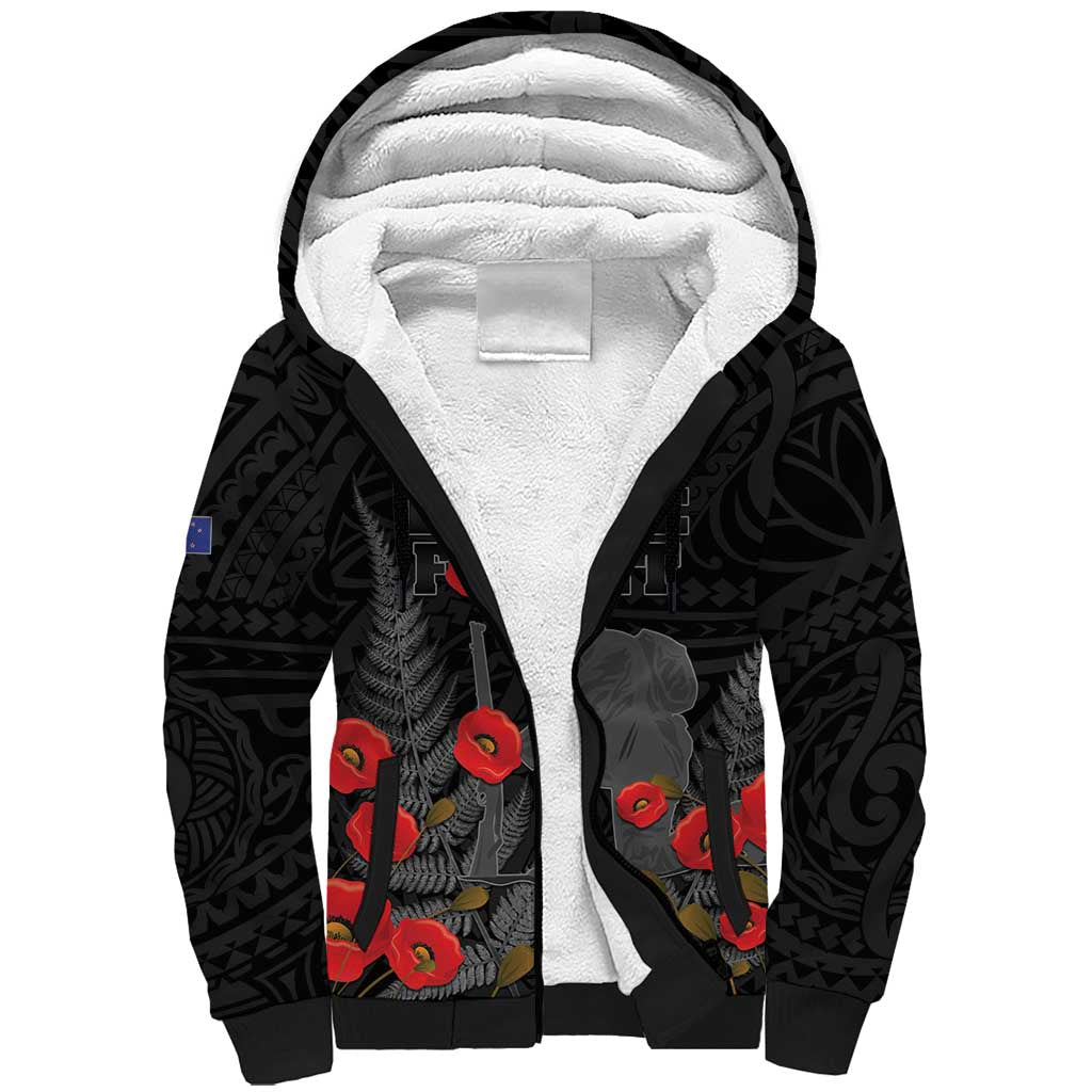 Personalised New Zealand ANZAC Day Sherpa Hoodie Lest We Forget Soldier Memorial LT15 Unisex Black - Polynesian Pride