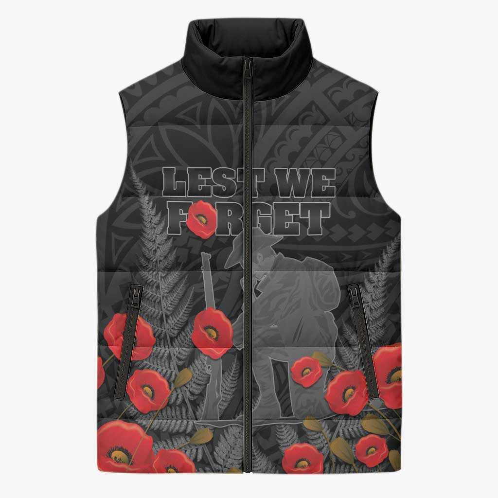 Personalised New Zealand ANZAC Day Sleeveless Puffer Jacket Lest We Forget Soldier Memorial LT15 Unisex Black - Polynesian Pride