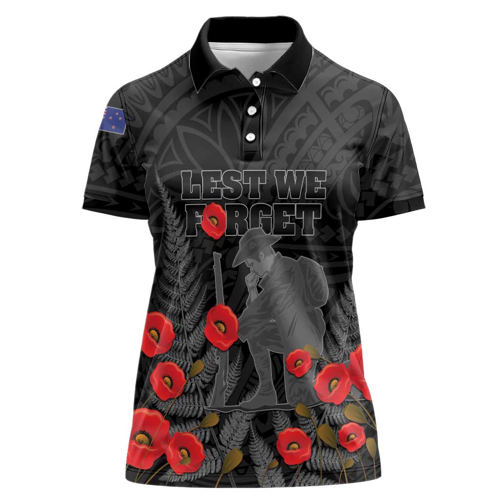Personalised New Zealand ANZAC Day Women Polo Shirt Lest We Forget Soldier Memorial LT15 Female Black - Polynesian Pride