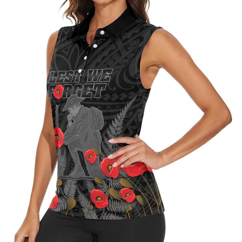 Personalised New Zealand ANZAC Day Women Sleeveless Polo Shirt Lest We Forget Soldier Memorial