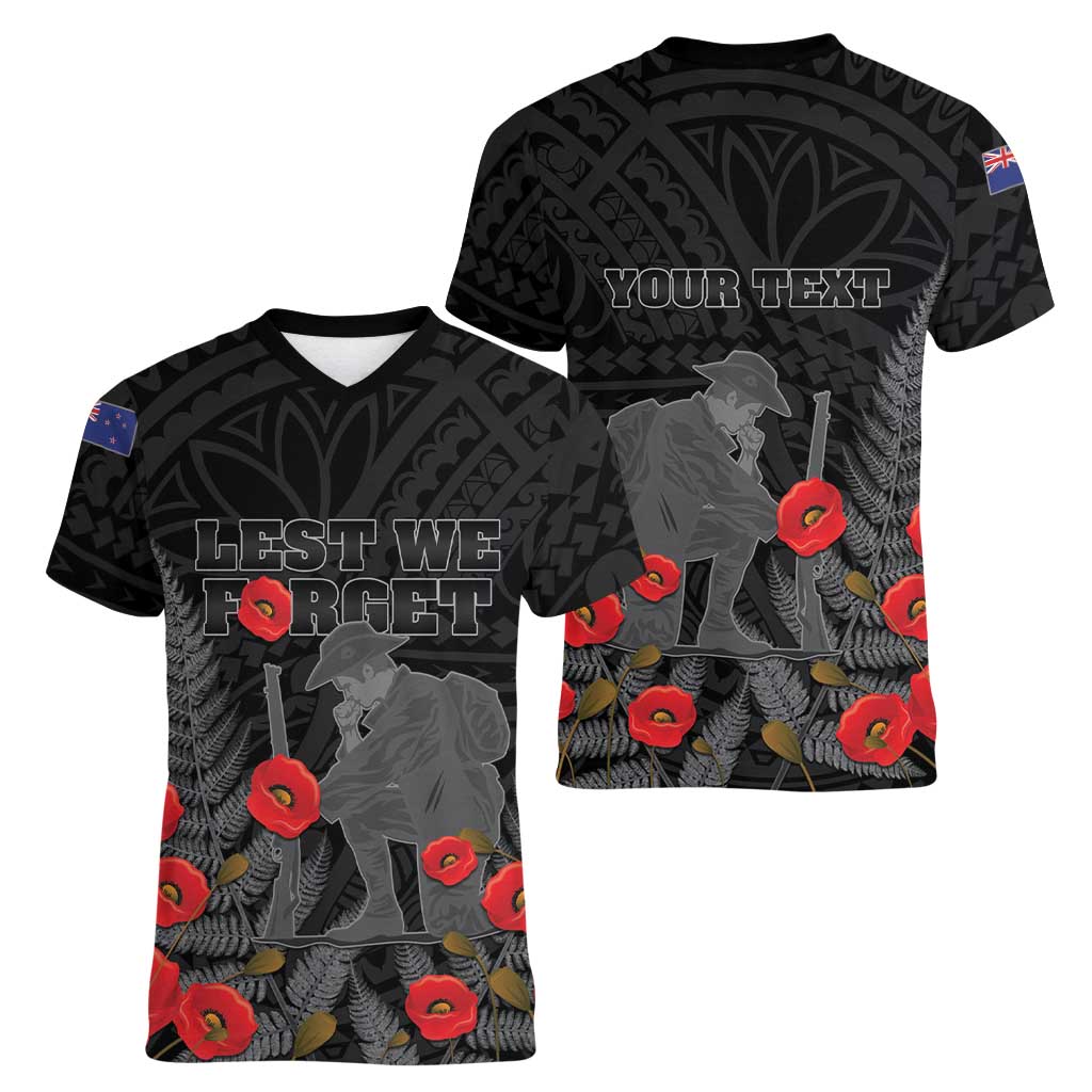 Personalised New Zealand ANZAC Day Women V-Neck T-Shirt Lest We Forget Soldier Memorial