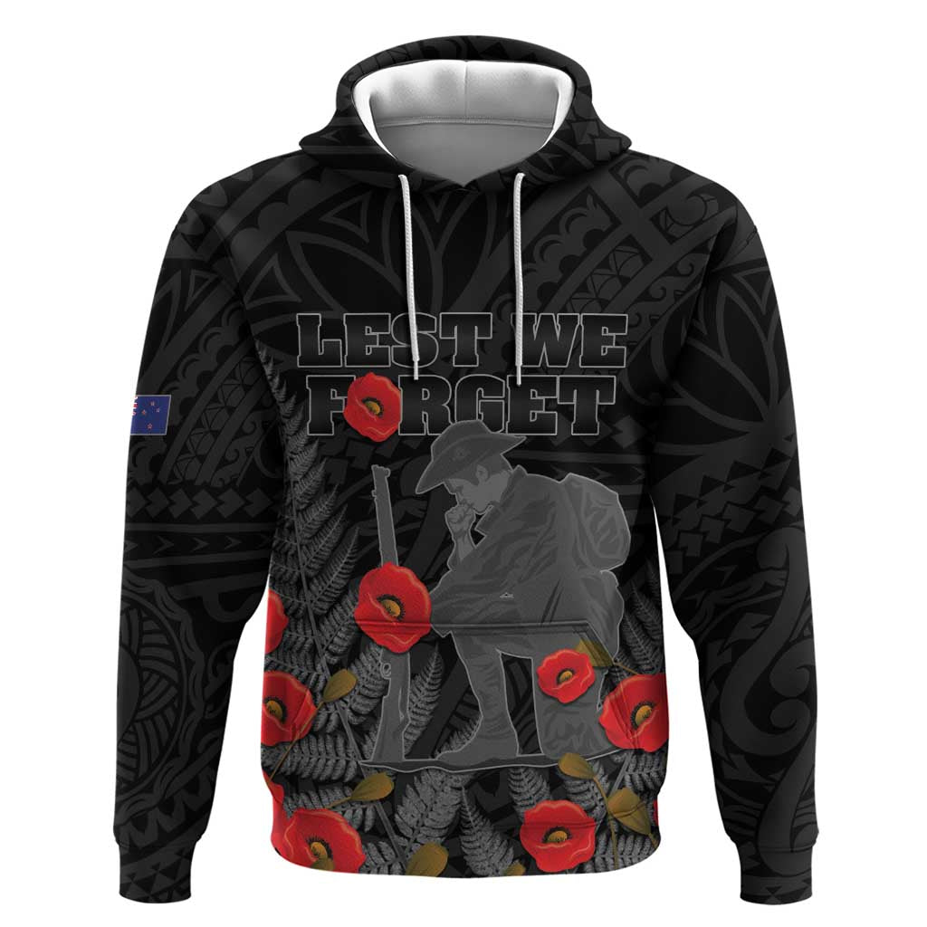 Personalised New Zealand ANZAC Day Zip Hoodie Lest We Forget Soldier Memorial LT15 Pullover Hoodie Black - Polynesian Pride