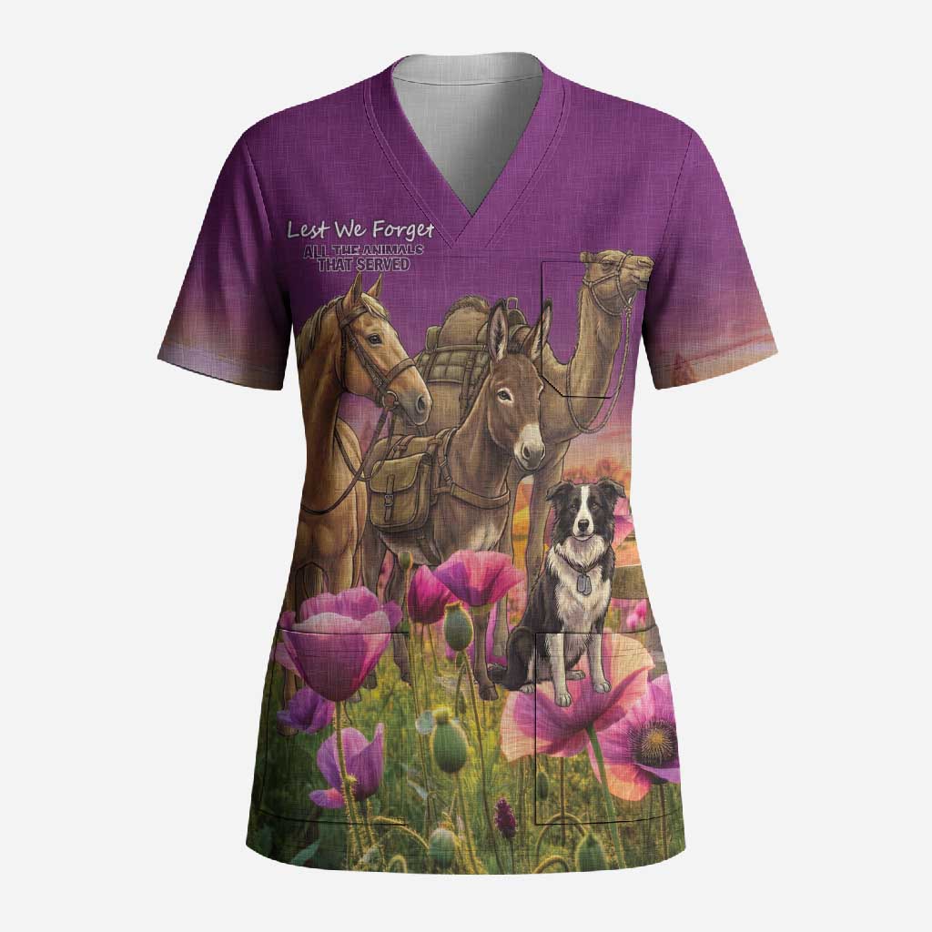ANZAC Day Scrub Top Lest We Forget The Animals Of War