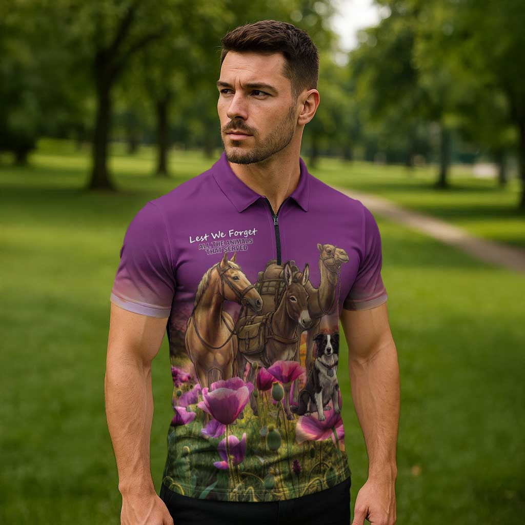 ANZAC Day Zipper Polo Shirt Lest We Forget The Animals Of War