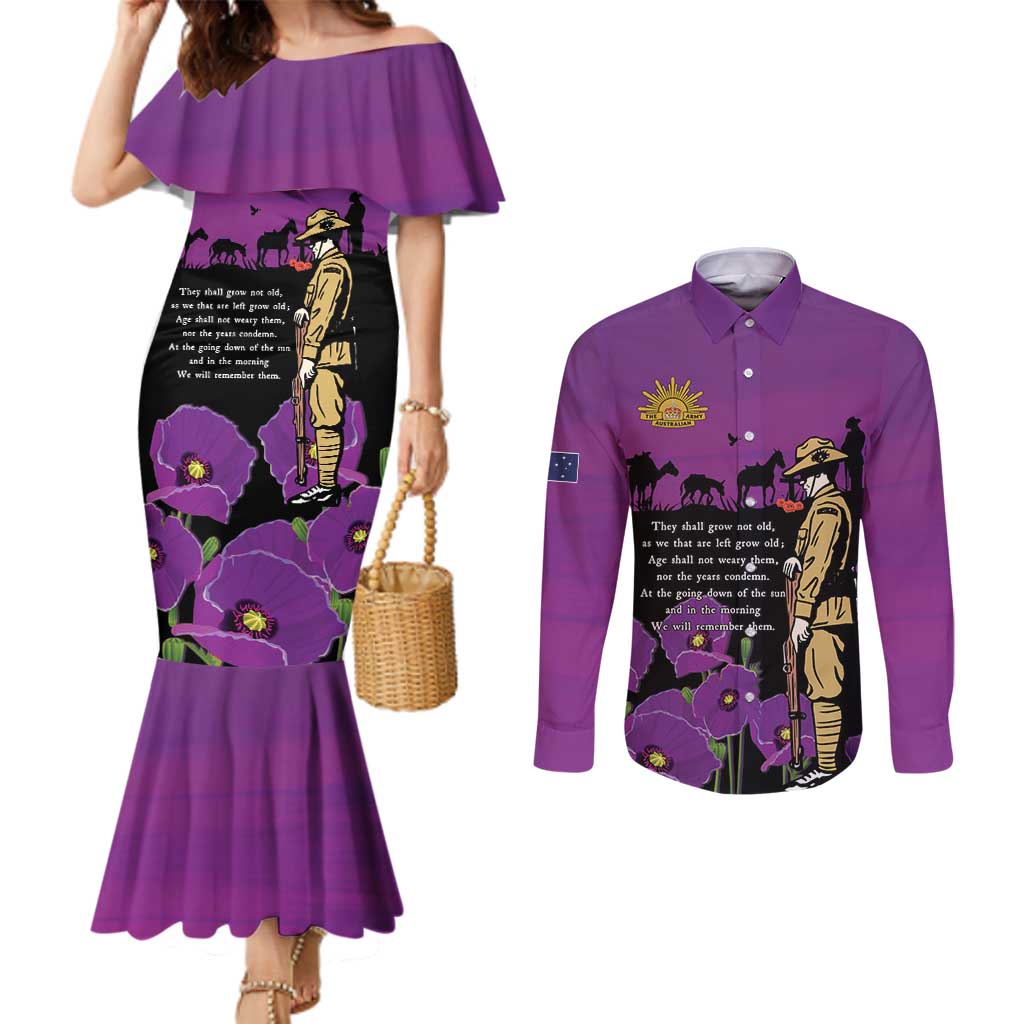 ANZAC Soldier and War Animals Couples Matching Mermaid Dress and Long Sleeve Button Shirt We Will Remember Them LT15 Purple - Polynesian Pride