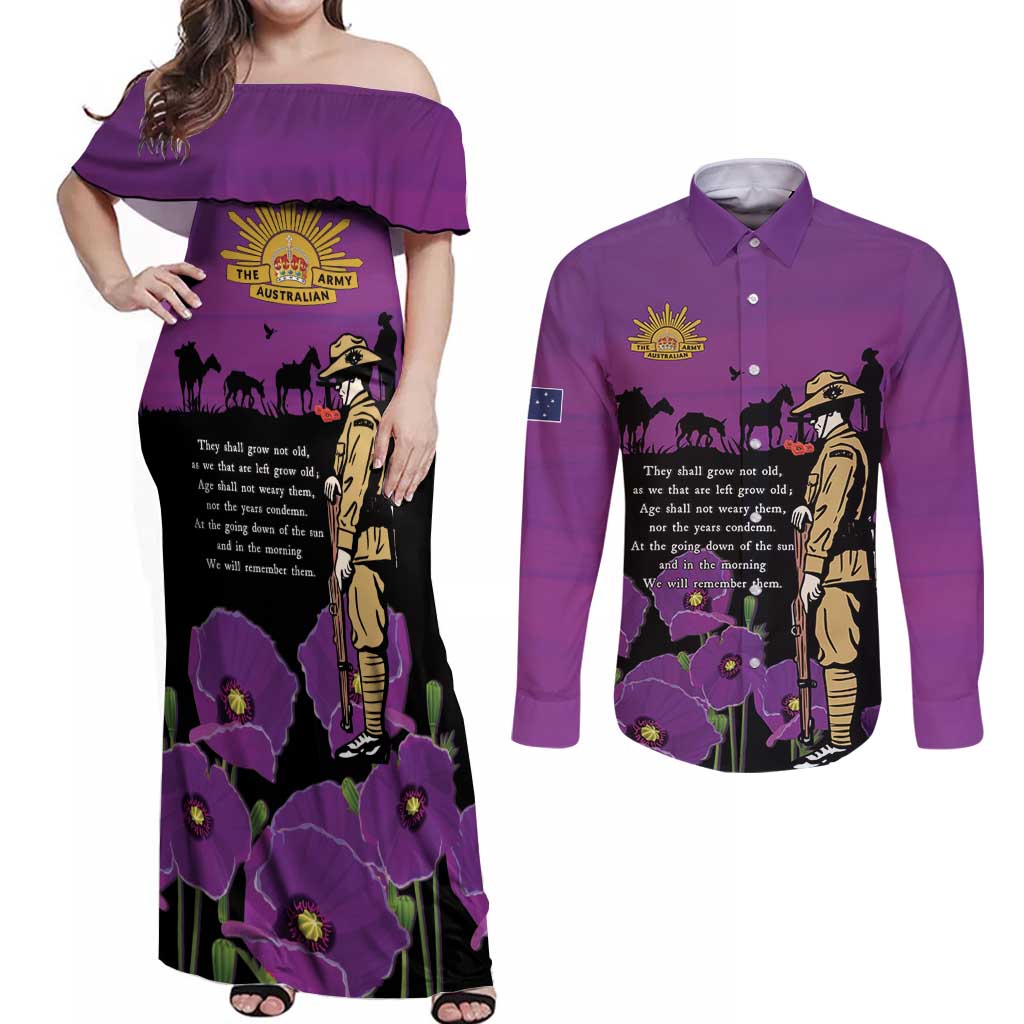 ANZAC Soldier and War Animals Couples Matching Off Shoulder Maxi Dress and Long Sleeve Button Shirt We Will Remember Them LT15 Purple - Polynesian Pride