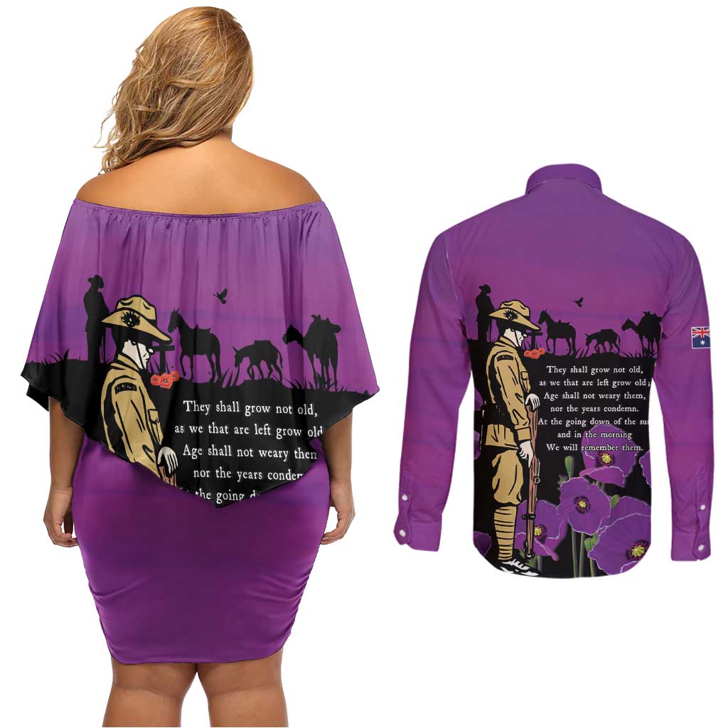 ANZAC Soldier and War Animals Couples Matching Off Shoulder Short Dress and Long Sleeve Button Shirt We Will Remember Them