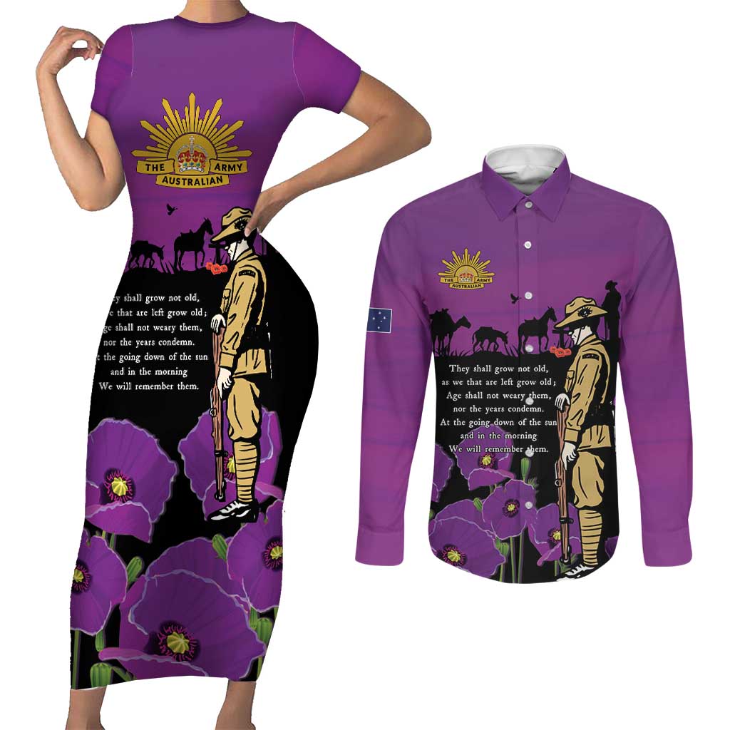 ANZAC Soldier and War Animals Couples Matching Short Sleeve Bodycon Dress and Long Sleeve Button Shirt We Will Remember Them