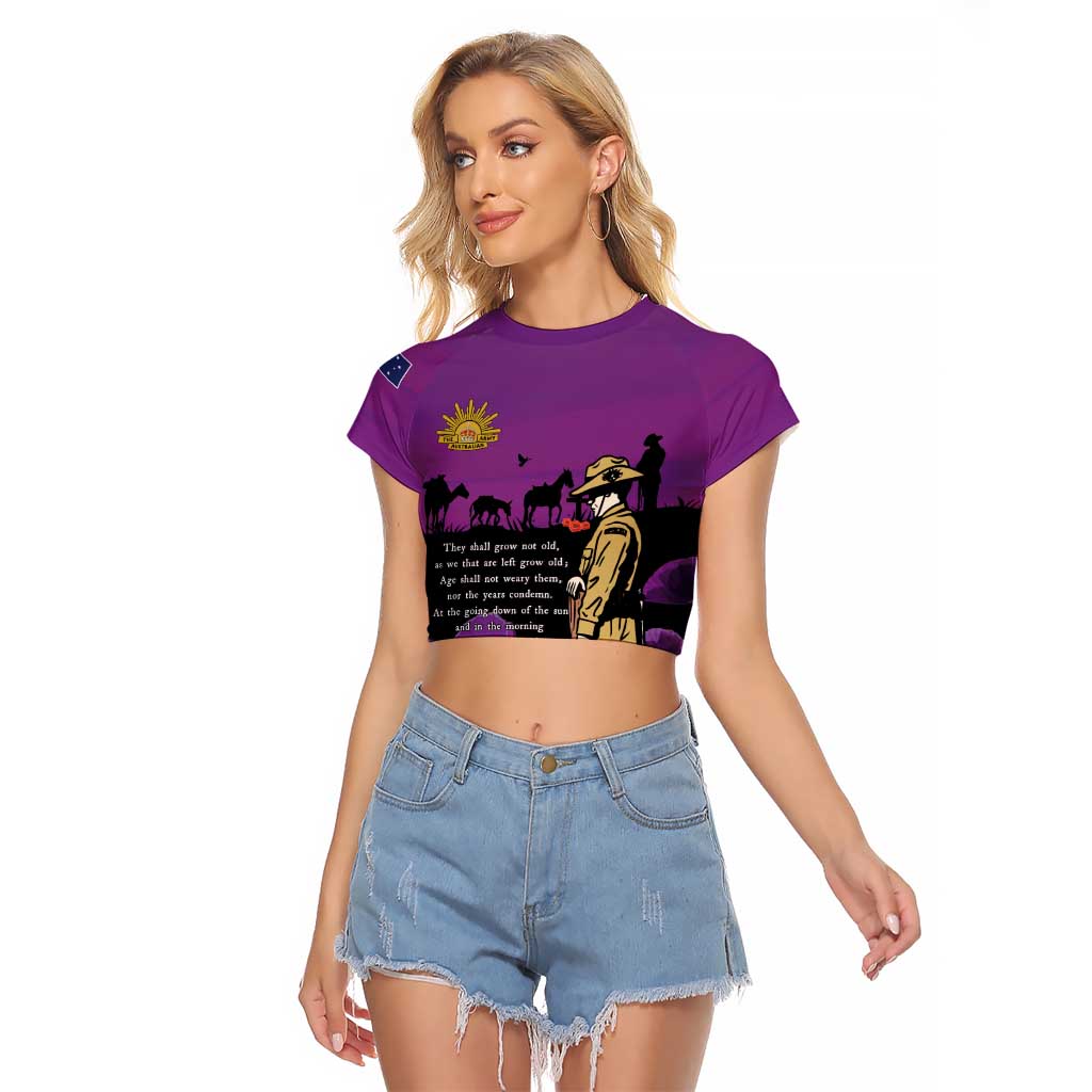ANZAC Soldier and War Animals Raglan Cropped T Shirt We Will Remember Them LT15 Female Purple - Polynesian Pride