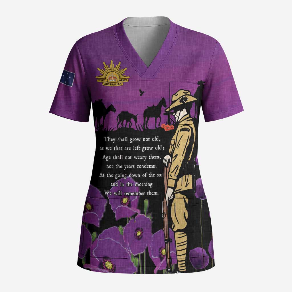 ANZAC Soldier and War Animals Scrub Top We Will Remember Them LT15 Adult Purple - Polynesian Pride