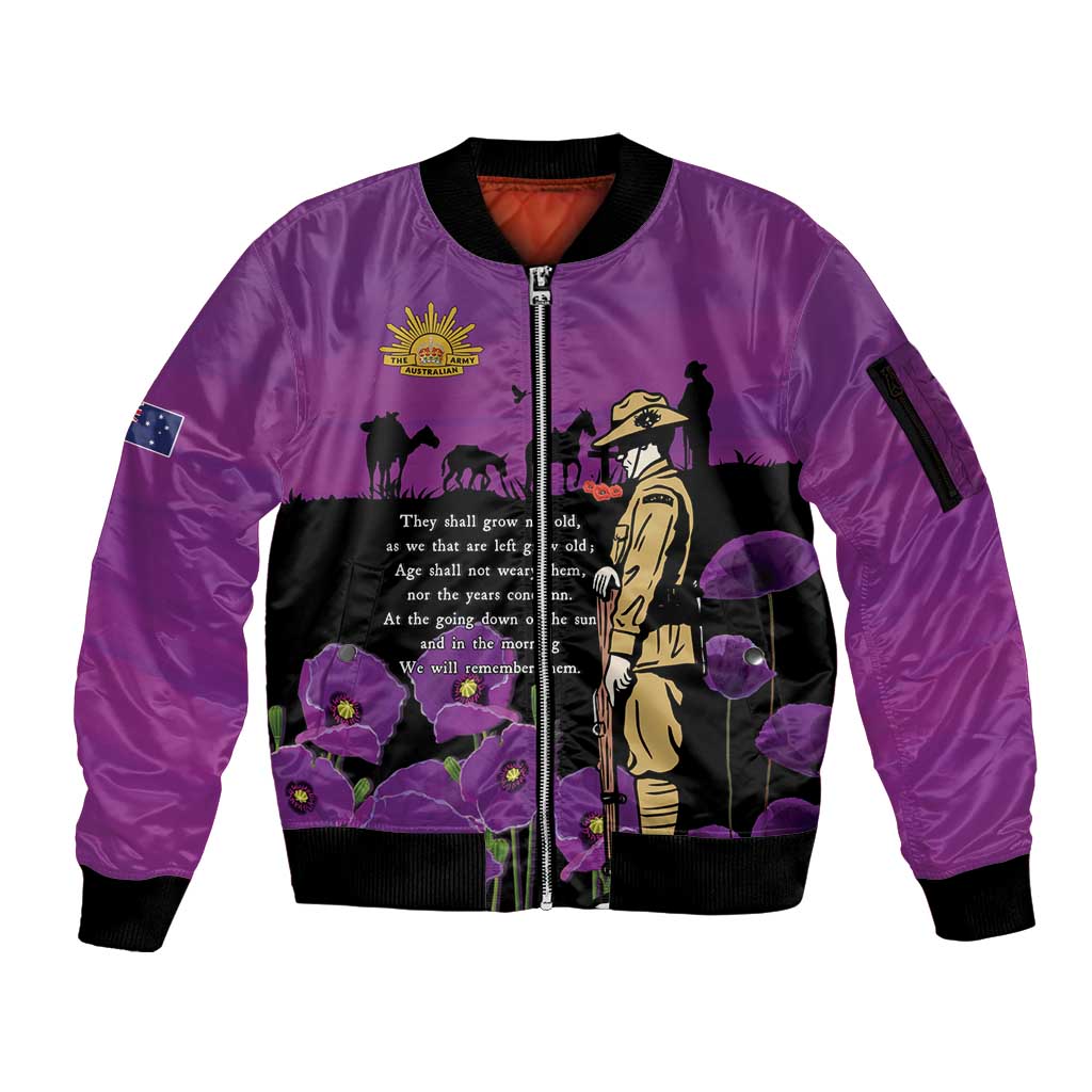 ANZAC Soldier and War Animals Sleeve Zip Bomber Jacket We Will Remember Them