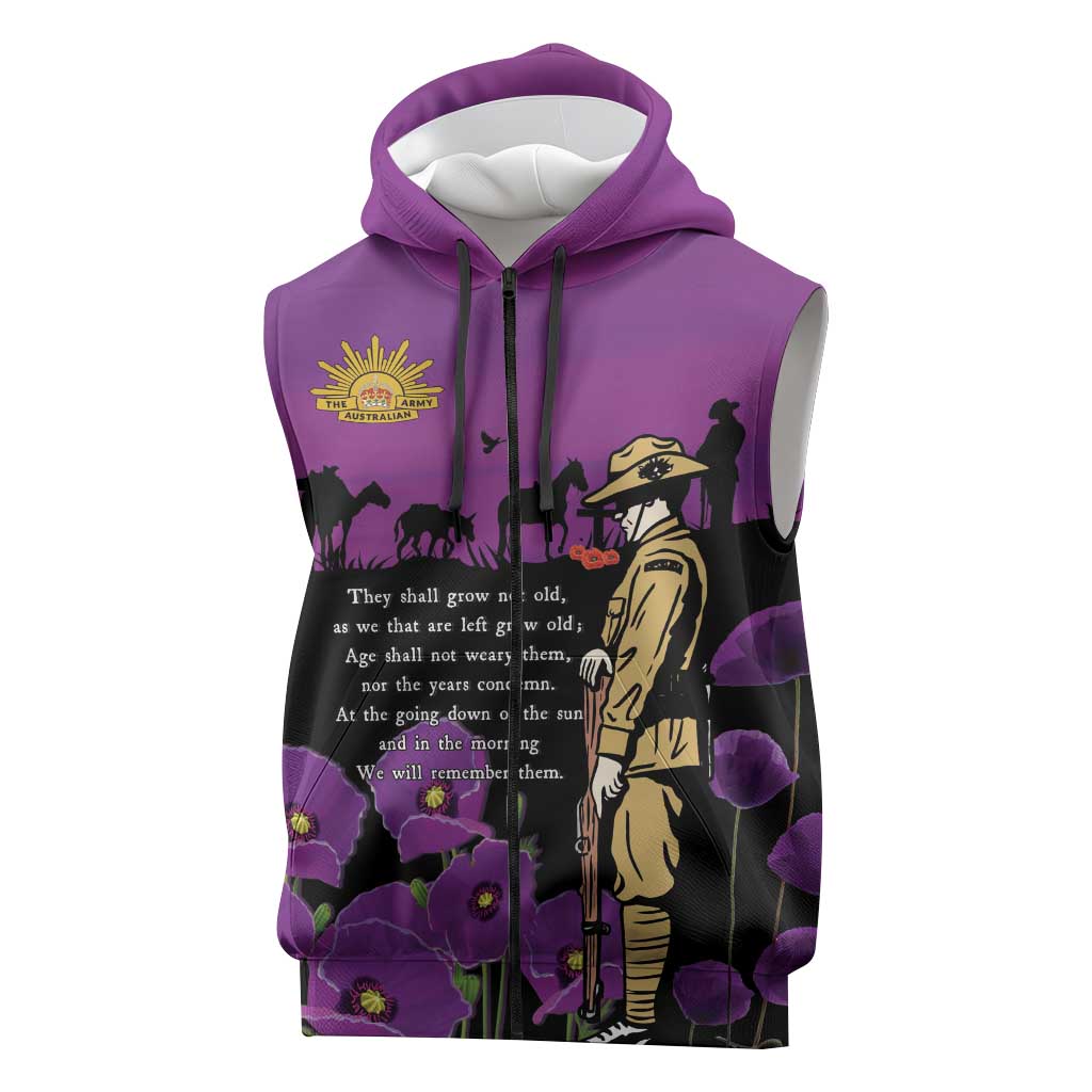 ANZAC Soldier and War Animals Sleeveless Zip Hoodie We Will Remember Them LT15 Purple - Polynesian Pride