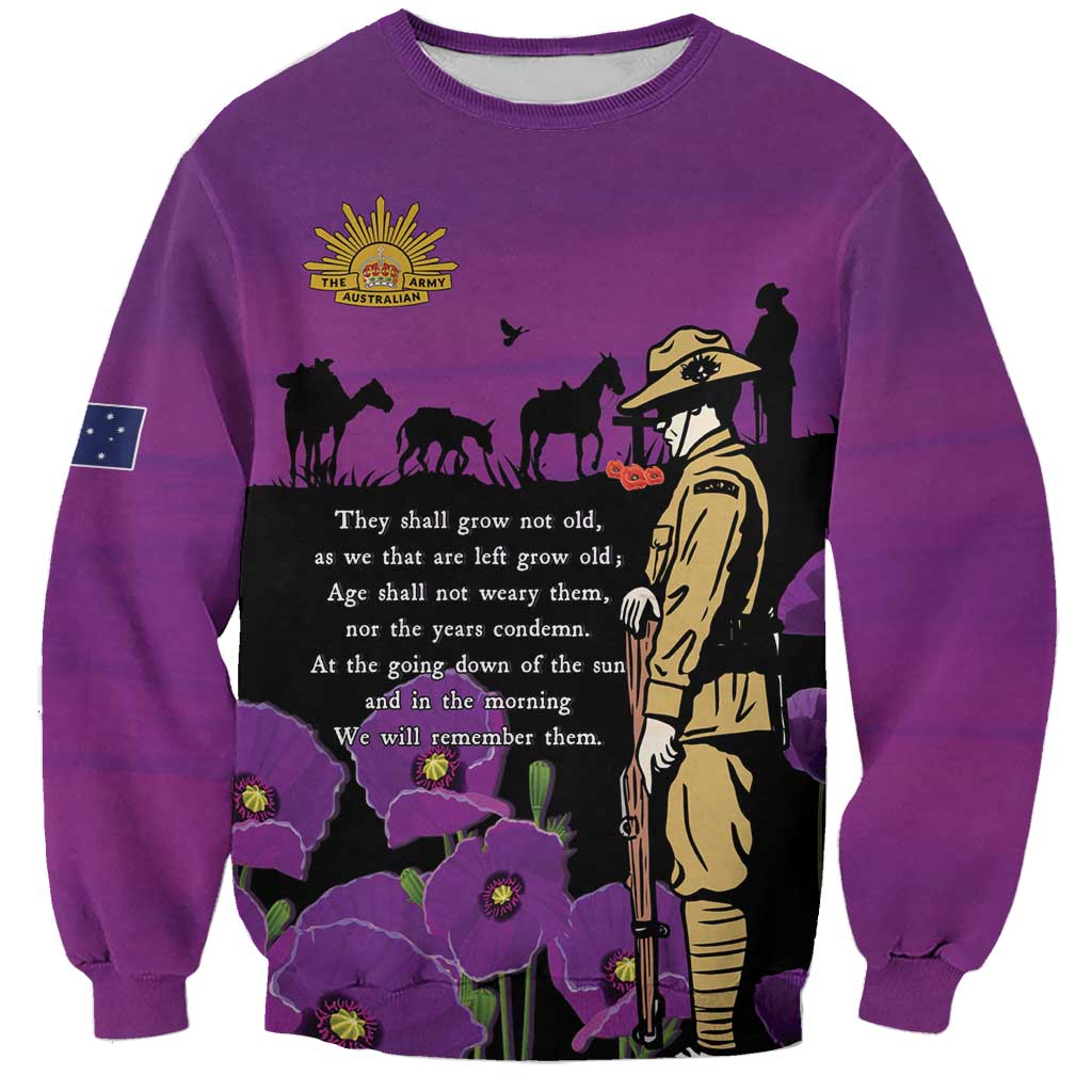 ANZAC Soldier and War Animals Sweatshirt We Will Remember Them LT15 Unisex Purple - Polynesian Pride