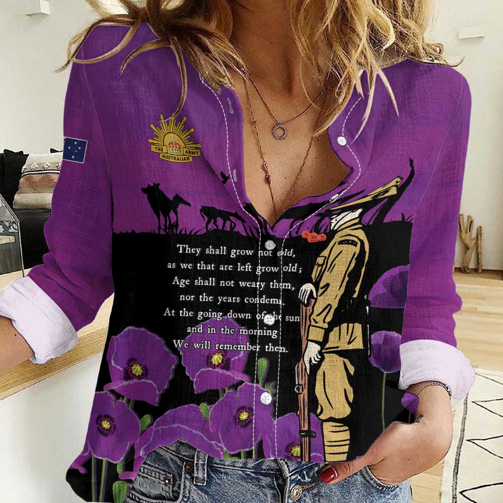 ANZAC Soldier and War Animals Women Casual Shirt We Will Remember Them LT15 Female Purple - Polynesian Pride