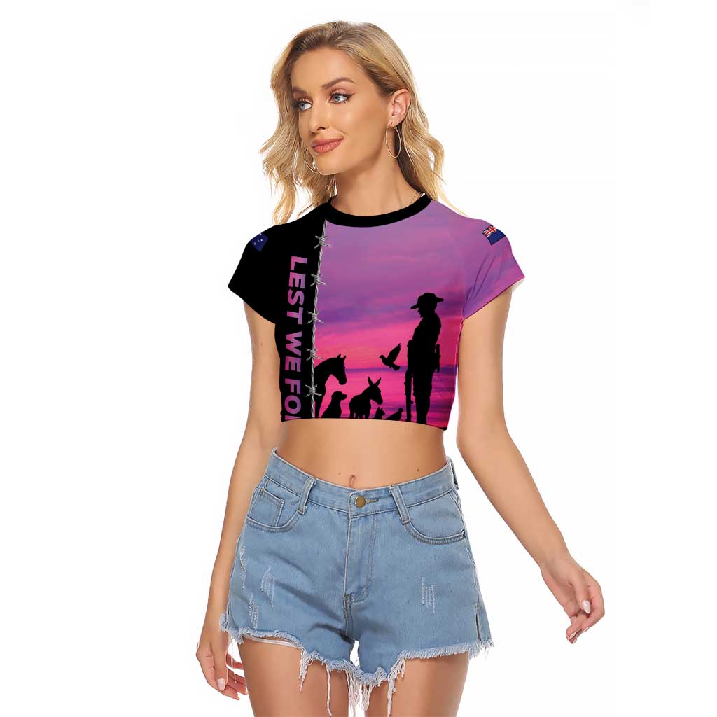 Personalised ANZAC War Animals Raglan Cropped T Shirt Lest We Forget Memorial LT15 Female Purple - Polynesian Pride
