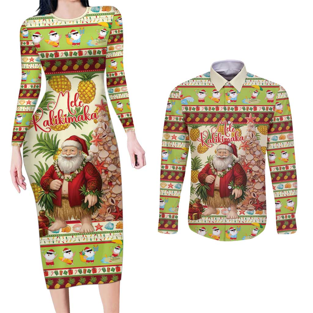 Hawaiian Santa Aloha Pineapple Christmas Couples Matching Long Sleeve Bodycon Dress and Long Sleeve Button Shirt Mele Kalikimaka - Polynesian Pride