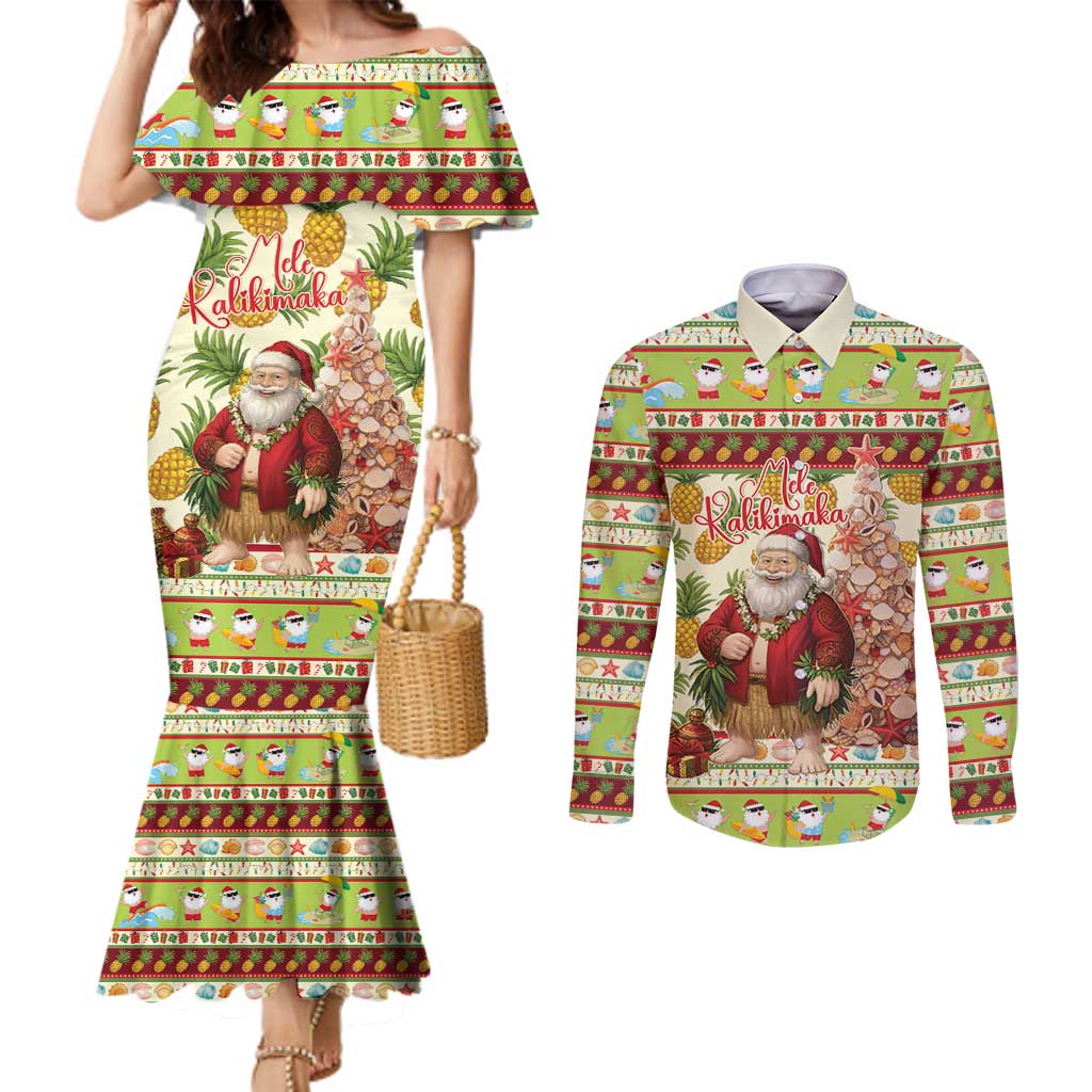 Hawaiian Santa Aloha Pineapple Christmas Couples Matching Mermaid Dress and Long Sleeve Button Shirt Mele Kalikimaka - Polynesian Pride