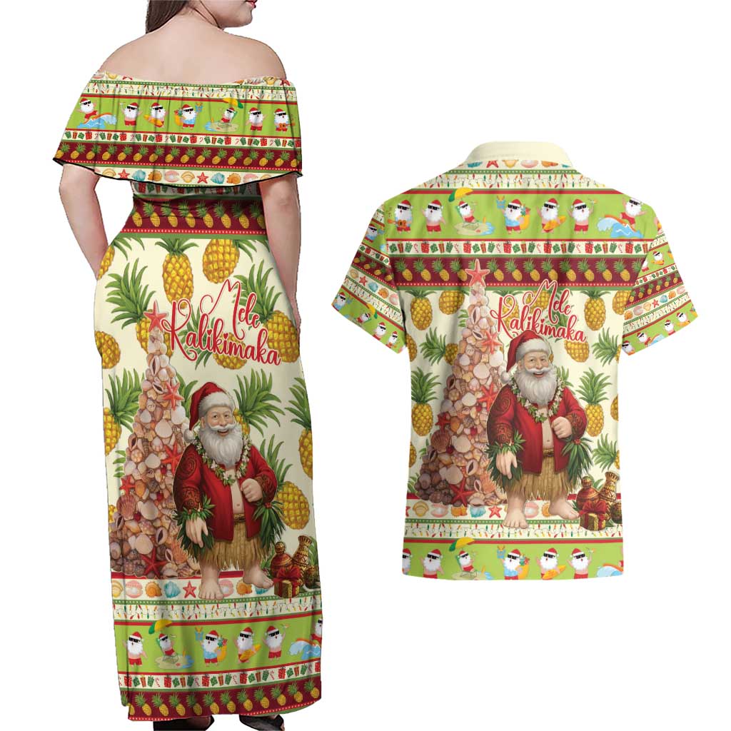 Hawaiian Santa Aloha Pineapple Christmas Couples Matching Off Shoulder Maxi Dress and Hawaiian Shirt Mele Kalikimaka - Polynesian Pride
