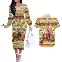 Hawaiian Santa Aloha Pineapple Christmas Couples Matching Off The Shoulder Long Sleeve Dress and Hawaiian Shirt Mele Kalikimaka - Polynesian Pride