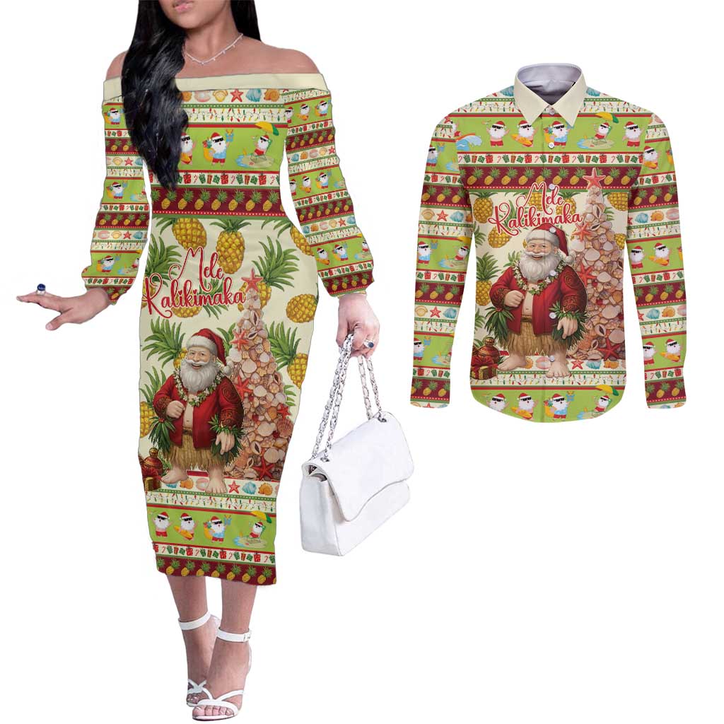 Hawaiian Santa Aloha Pineapple Christmas Couples Matching Off The Shoulder Long Sleeve Dress and Long Sleeve Button Shirt Mele Kalikimaka - Polynesian Pride