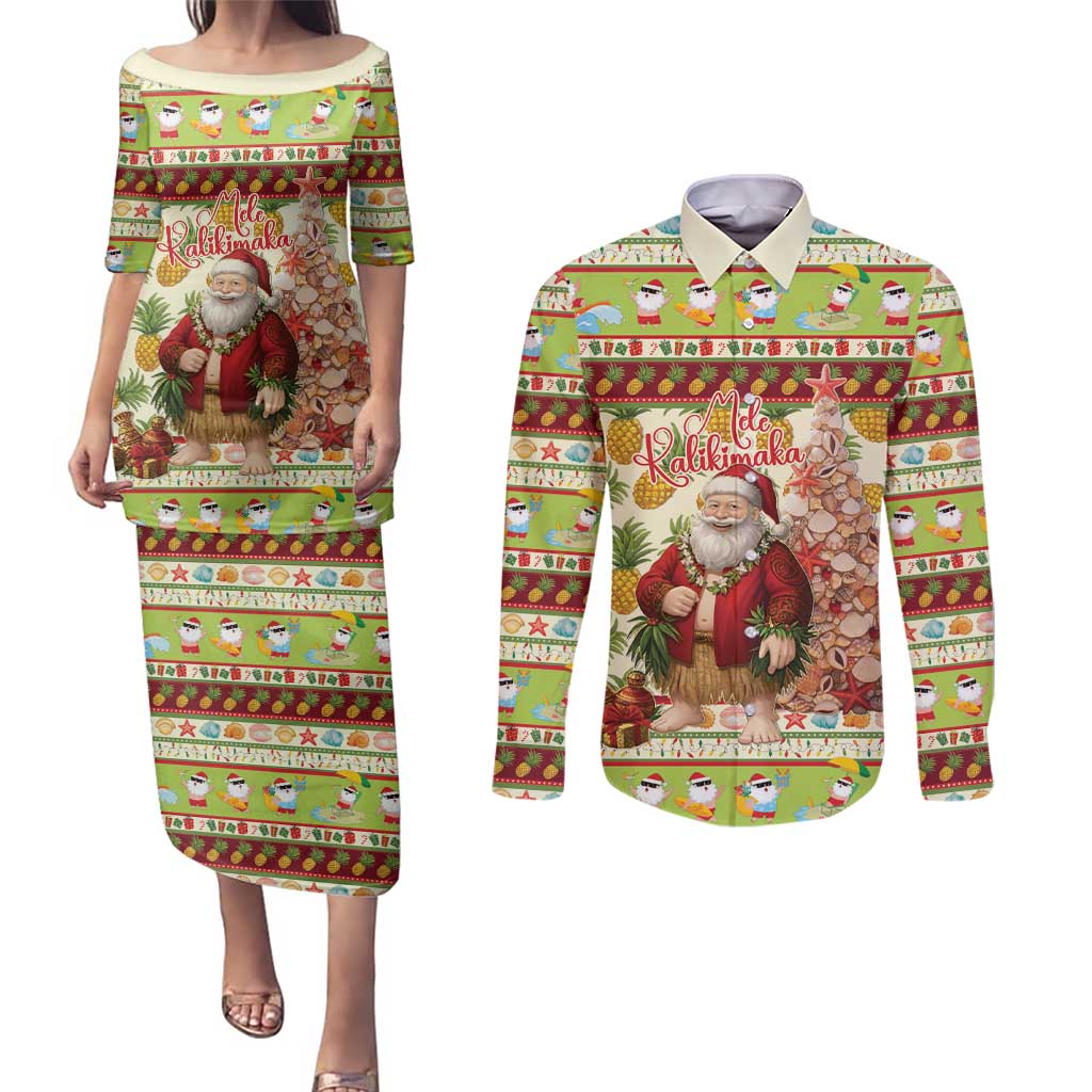 Hawaiian Santa Aloha Pineapple Christmas Couples Matching Puletasi and Long Sleeve Button Shirt Mele Kalikimaka - Polynesian Pride