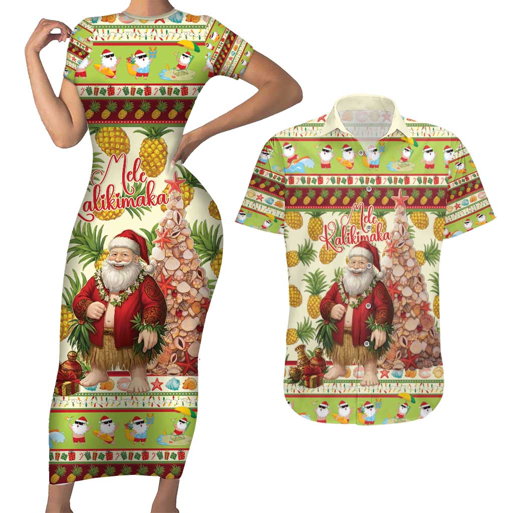 Hawaiian Santa Aloha Pineapple Christmas Couples Matching Short Sleeve Bodycon Dress and Hawaiian Shirt Mele Kalikimaka - Polynesian Pride
