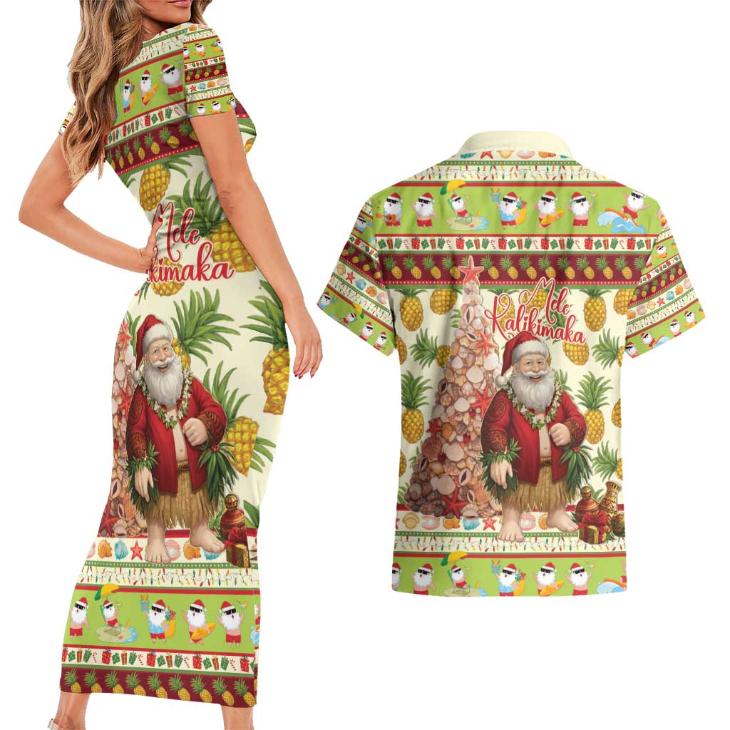 Hawaiian Santa Aloha Pineapple Christmas Couples Matching Short Sleeve Bodycon Dress and Hawaiian Shirt Mele Kalikimaka - Polynesian Pride