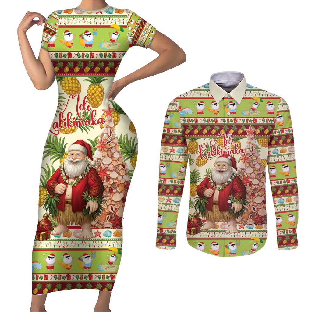 Hawaiian Santa Aloha Pineapple Christmas Couples Matching Short Sleeve Bodycon Dress and Long Sleeve Button Shirt Mele Kalikimaka - Polynesian Pride